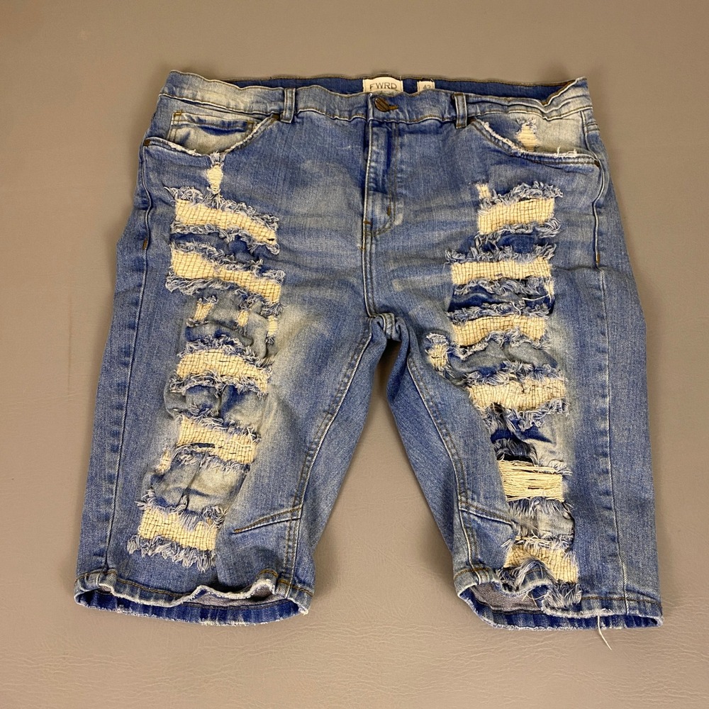 FWRD Denim Biker Jean Shorts Men's Size 42 Blue Distressed Streetwear